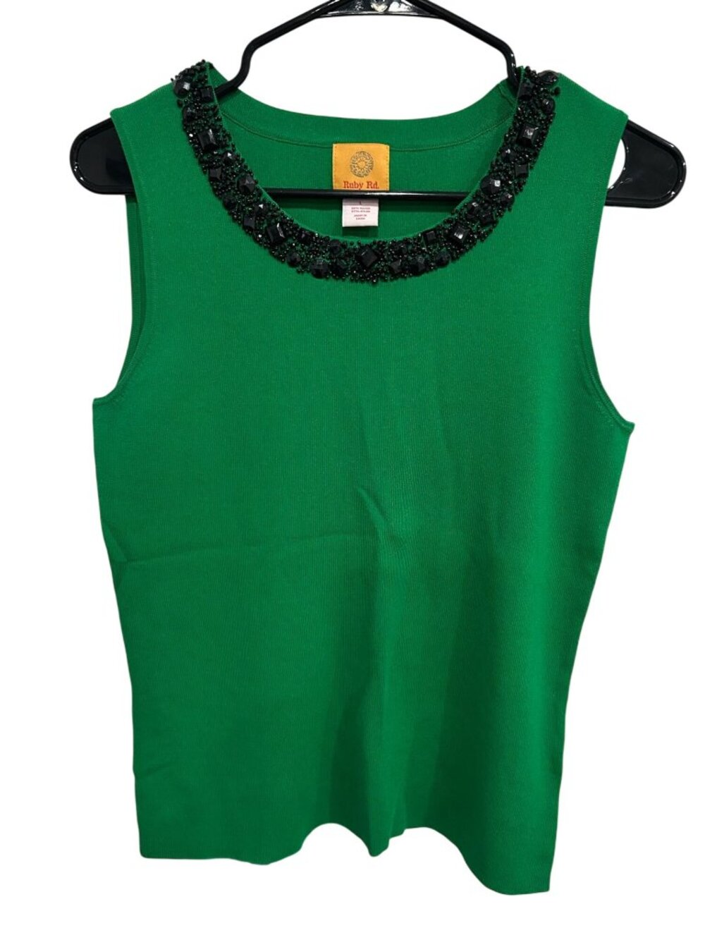 Ruby Rd. Large Green Sleeveless Knit Tank Top Bead Embellished Boho Minimalist